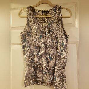 Womans Gray Animal Print Flutter Elastic Cinched Waist Blouse Size Small